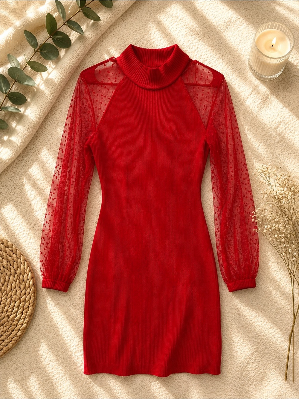 Almost Famous Red mock neck Sheer-Dot Sleeve Dress